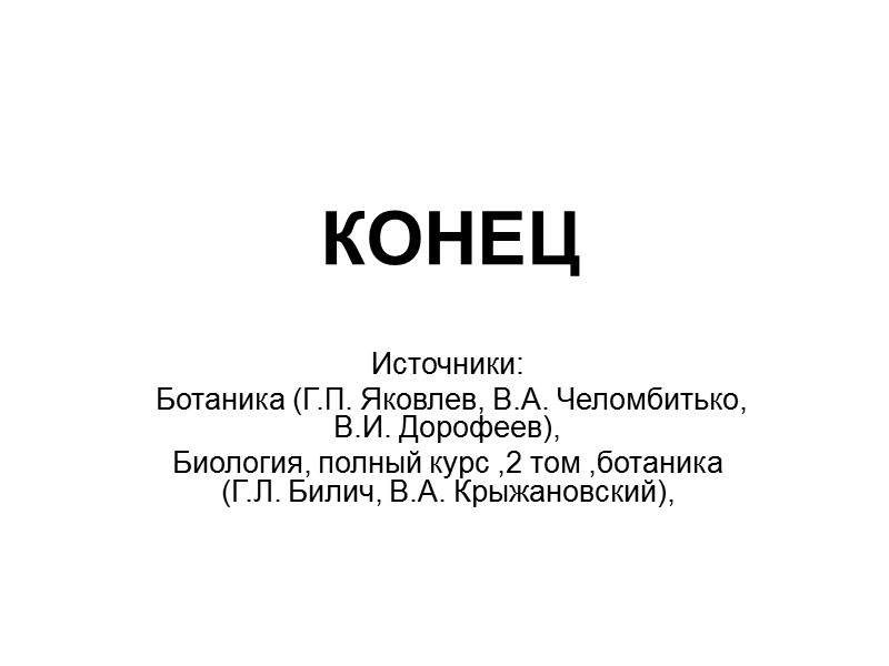 КОНЕЦ Источники:  Ботаника (Г.П. Яковлев, В.А. Челомбитько, В.И. Дорофеев), Биология, полный курс ,2